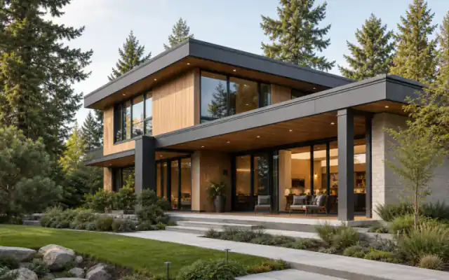 Warm contemporary custom home surrounded by evergreen trees