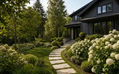 Landscaped garden beside a dark modern home
