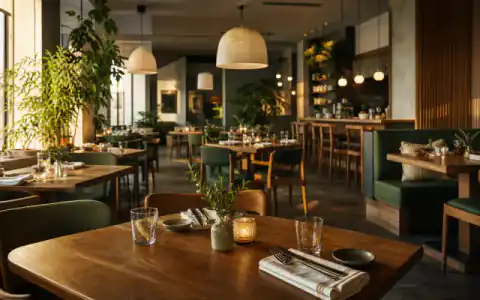 Warm independent restaurant dining room